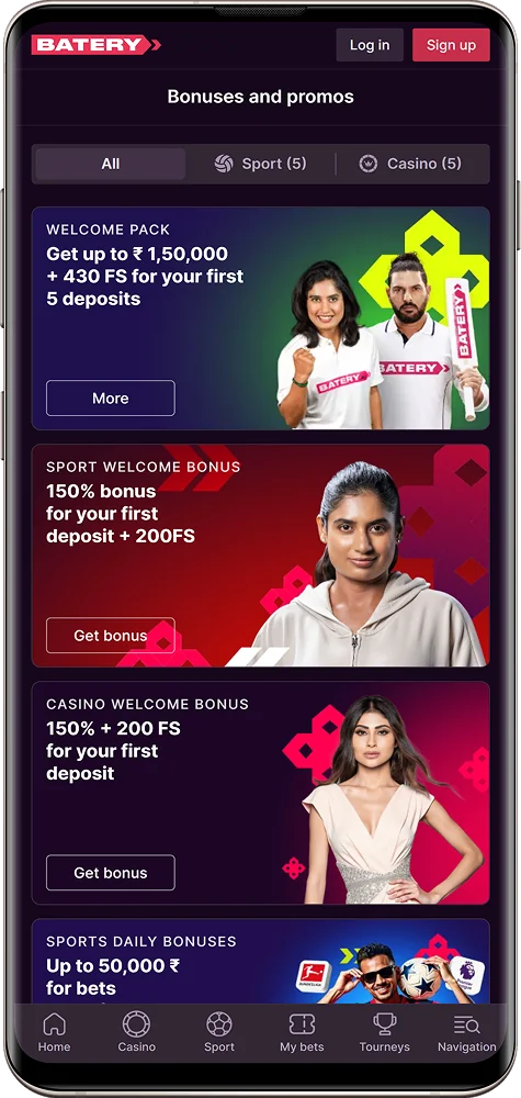 Screenshot of Batery Bet India bonuses